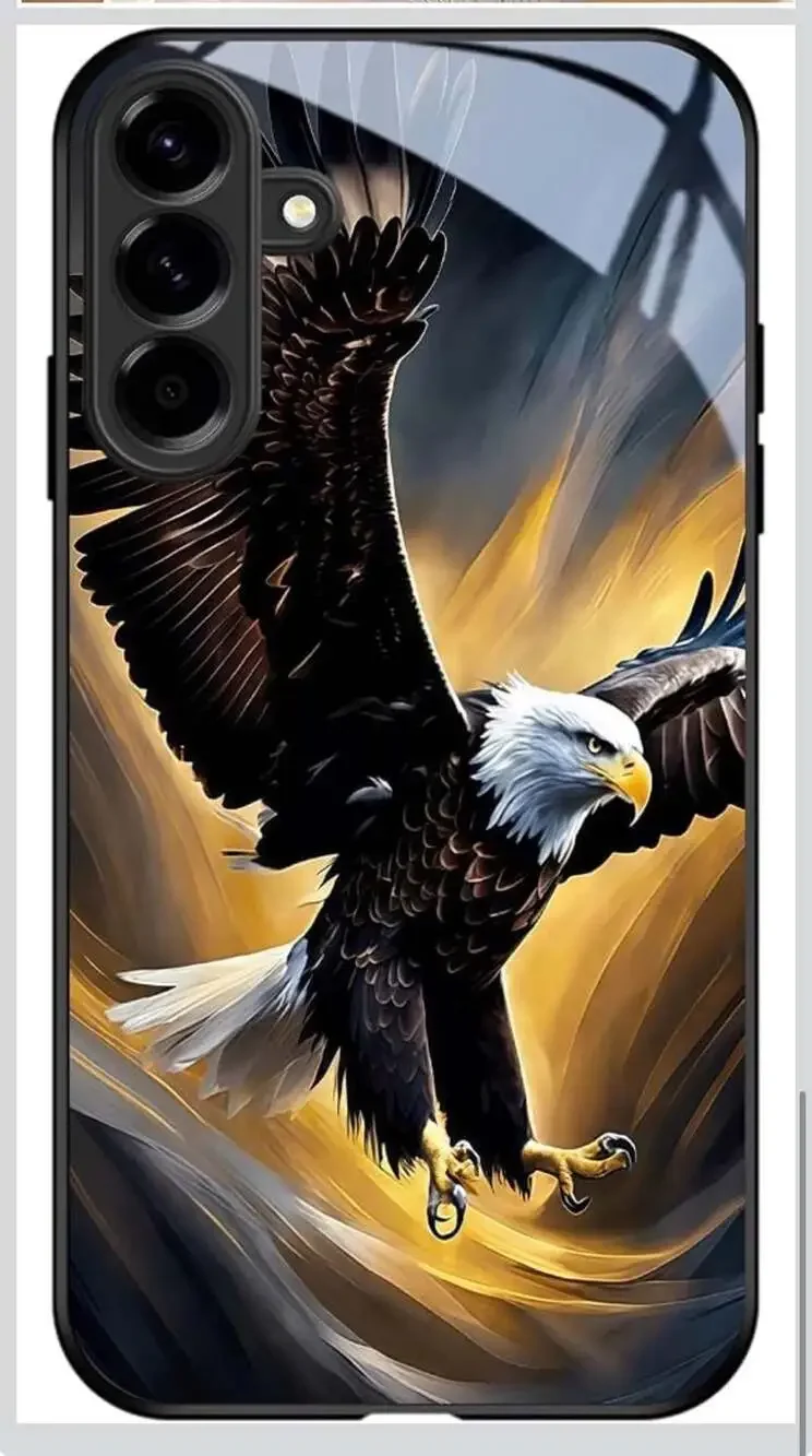 Eagle Tempered Glass Phone Case with Golden Lightning Wings Design